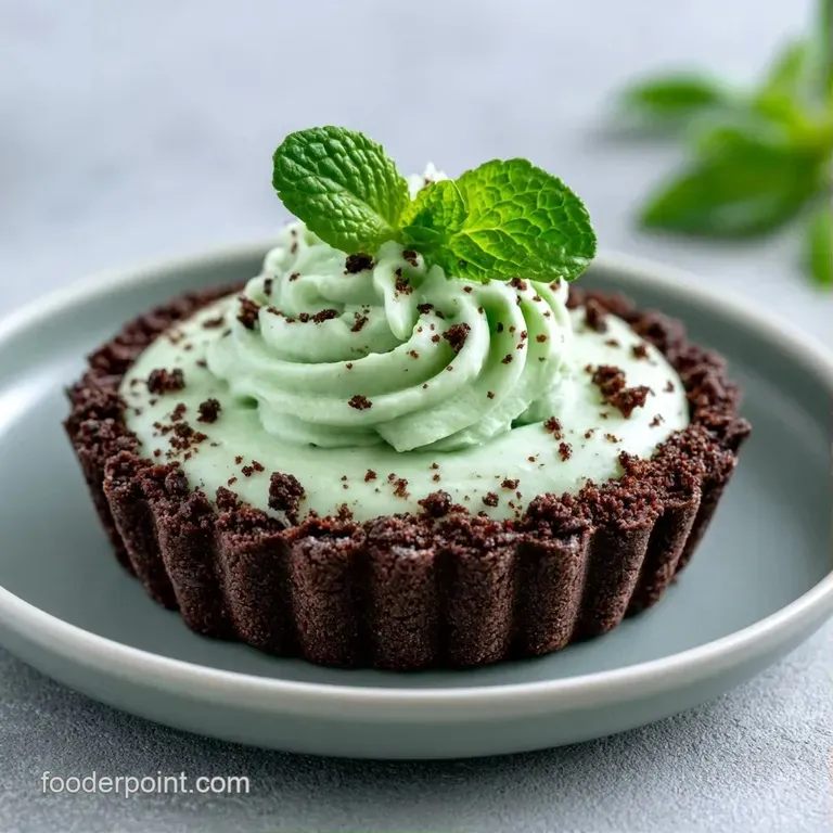 A single slice of dark chocolate and mint mousse on a white plate, topped with a fresh mint leaf and chocolate shavings.