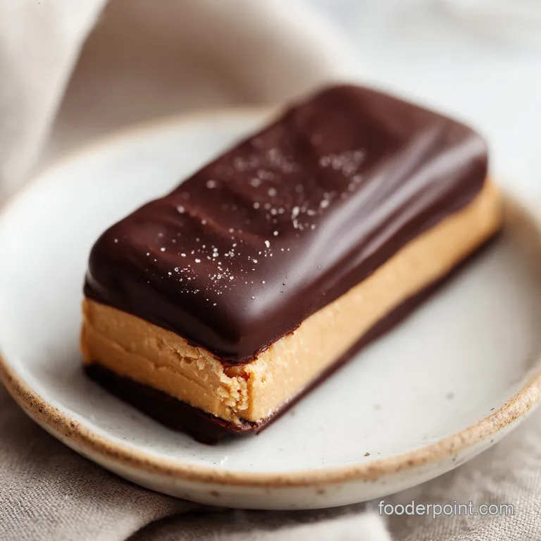 A glistening chocolate peanut butter bar on a white plate. Peanut butter swirls peek through the dark chocolate topping, i...