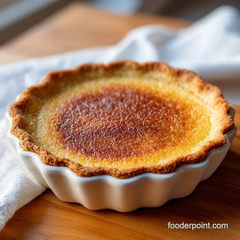 A slice of warm chess pie with a glossy, amber custard peeking through, dusted with powdered sugar.