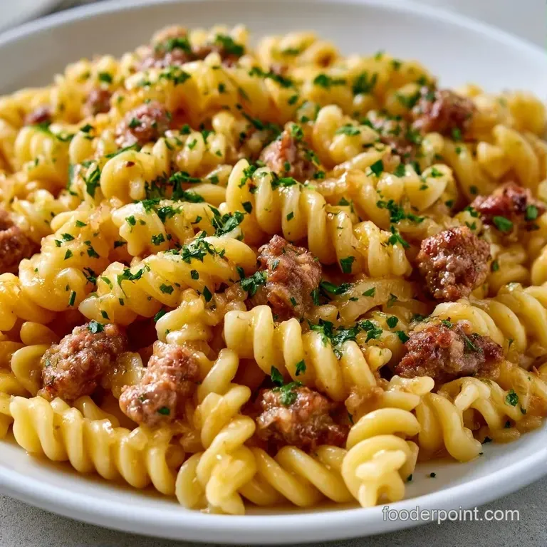 A white bowl of creamy pasta and seared sausage crumbles topped with shaved parmesan and a sprig of fresh basil.