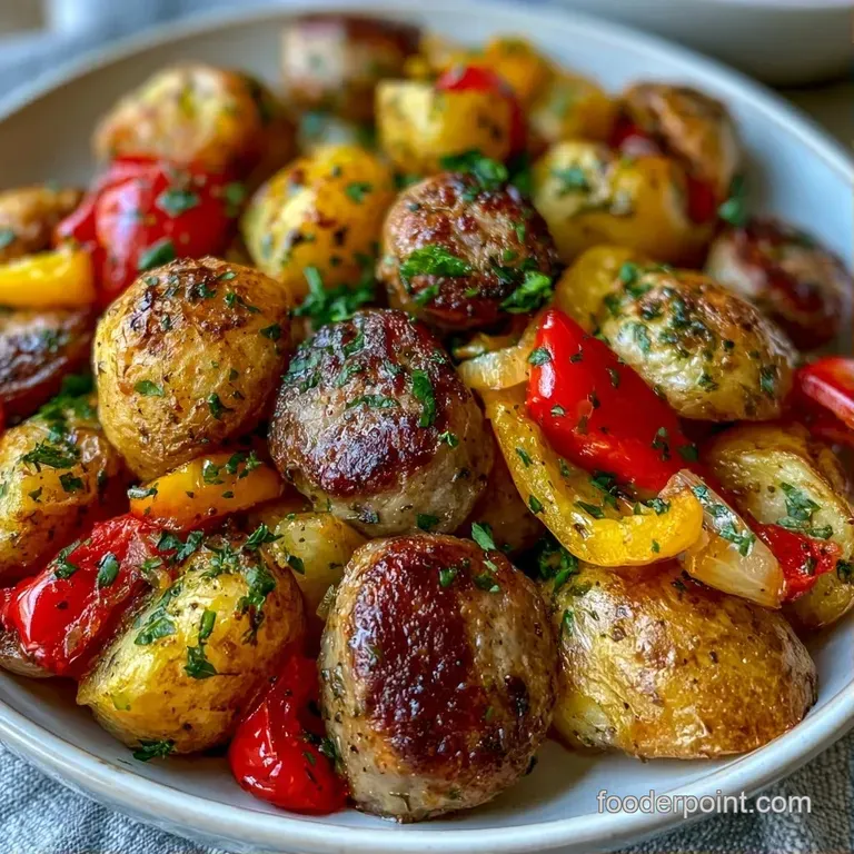 Glossy brown sausage rounds and roasted golden potato cubes arranged neatly with fresh green herbs on a dark plate.