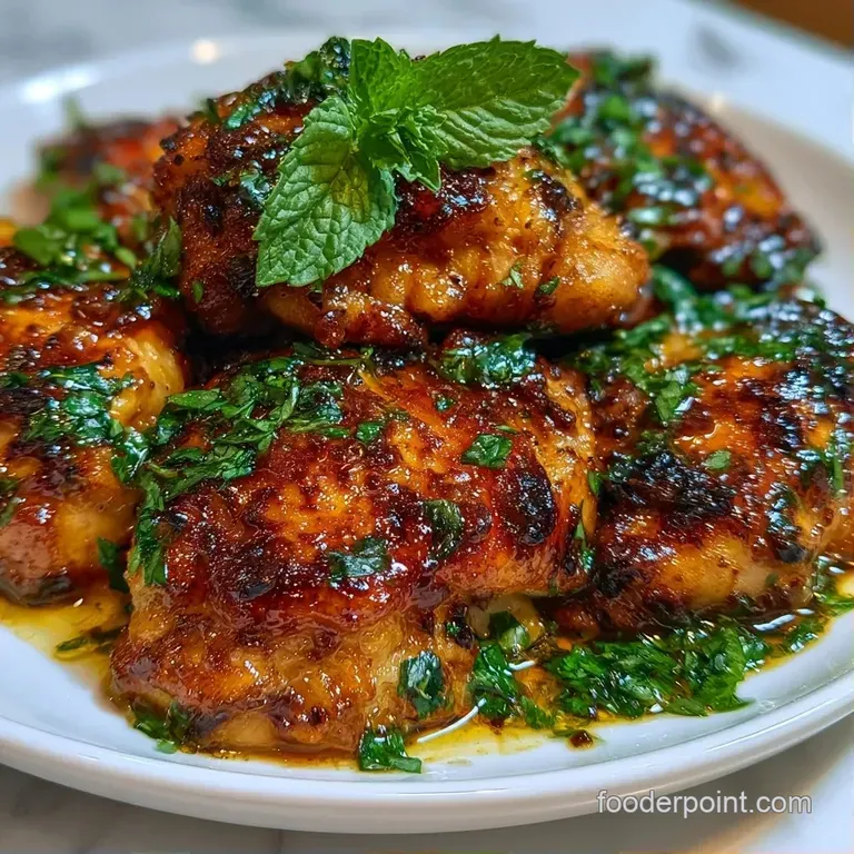 Seared chicken thighs with glistening skin and bright mint sprigs served alongside vibrant roasted carrots