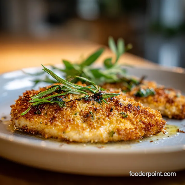Crispy parmesan chicken served over vibrant green salad. Sprinkling of extra cheese and herbs. Elegant, appetizing lunch.