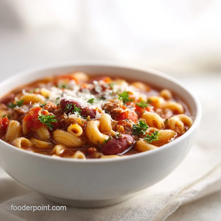 Elegantly plated Pasta e Fagioli, garnished with fresh parsley and a drizzle of olive oil. Rustic, flavorful, and inviting.