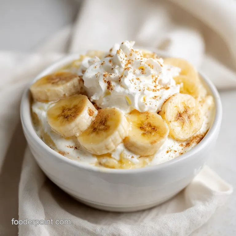 A rustic ceramic dish brimming with luscious banana pudding, its meringue crown lightly browned.