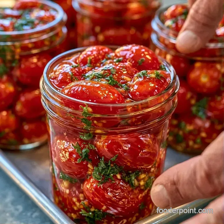 A row of sealed glass jars filled with deep crimson tomatoes, reflecting light on a rustic wooden kitchen table.