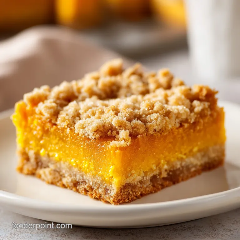 A slice of moist orange cake topped with a crisp crumble, served with a dollop of whipped cream on a white plate.