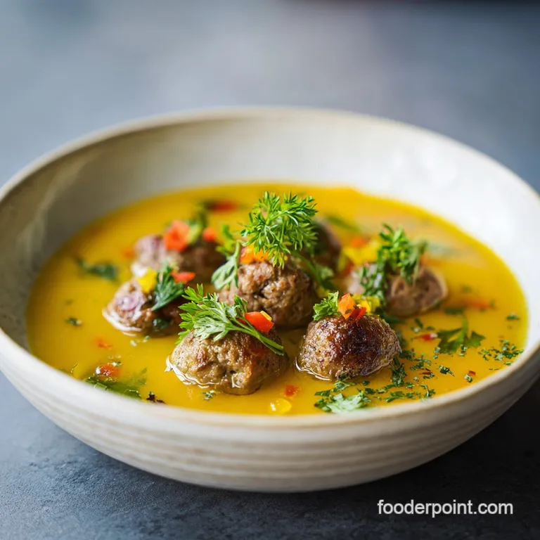 A steaming bowl of meatball soup, artfully arranged with fresh parsley and a drizzle of olive oil. Warm, rustic & deeply f...