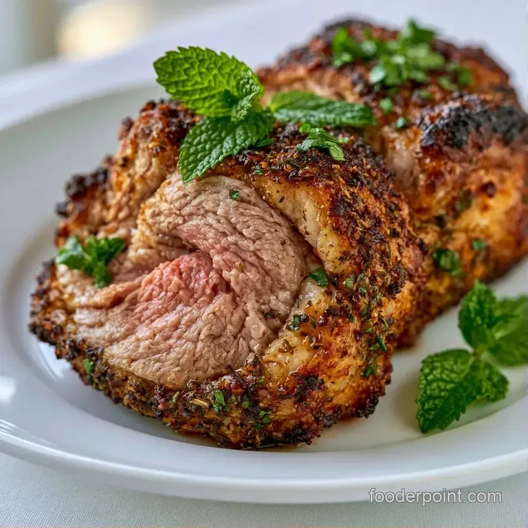 Slices of tender meat resting on a white platter with vibrant green mint sauce and roasted root vegetables.