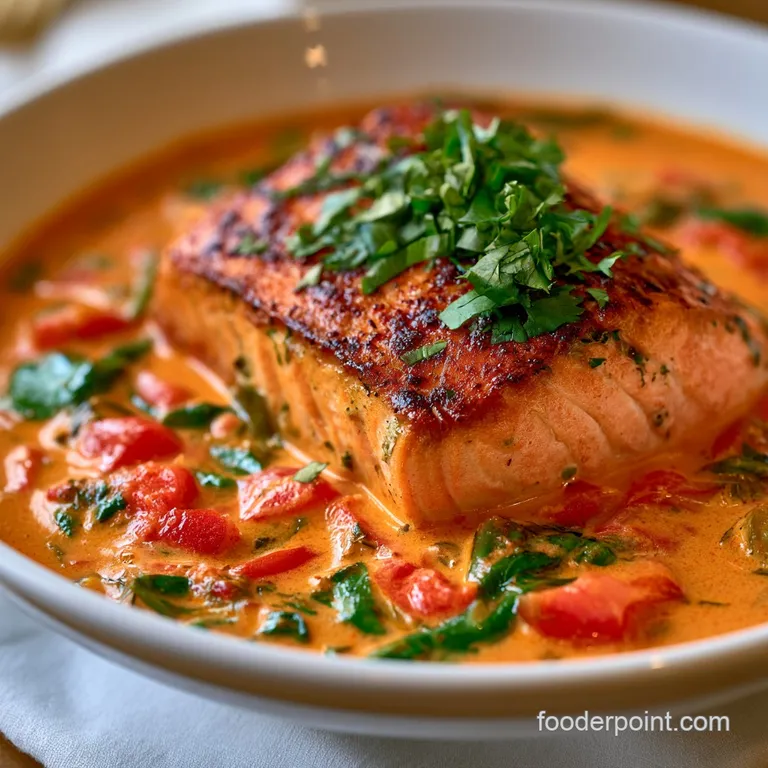 Elegant bowl of vibrant yellow curry with seared salmon chunks, topped with fresh cilantro and a squeeze of lime.