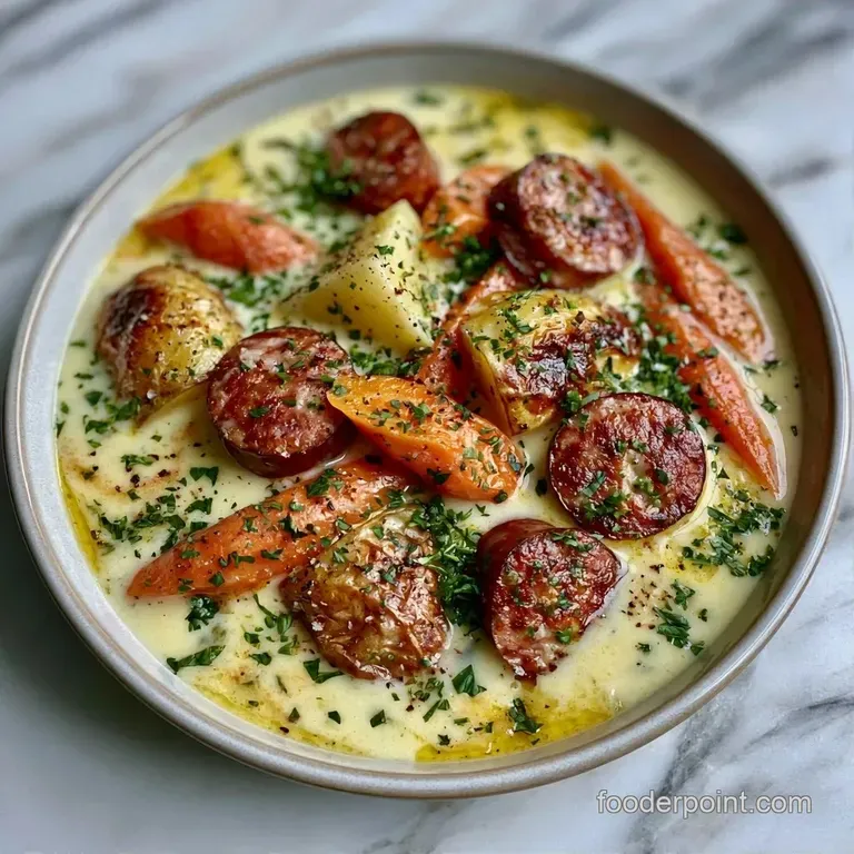 Steaming bowl of rustic soup with sliced sausage and potatoes, garnished with fresh parsley and crusty bread.