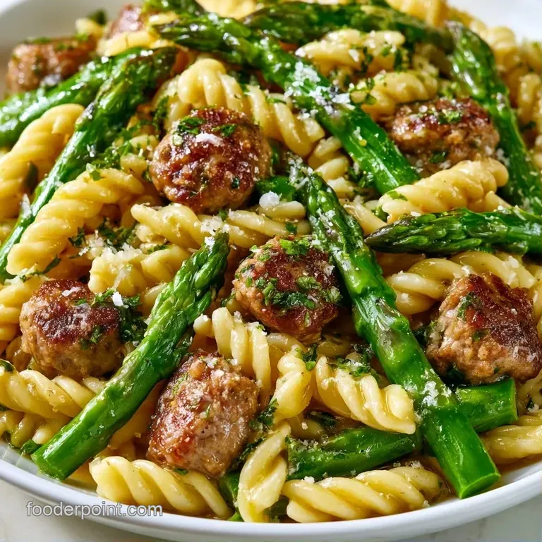Elegant white bowl filled with spiral pasta, vibrant green asparagus, and savory sausage topped with parmesan.
