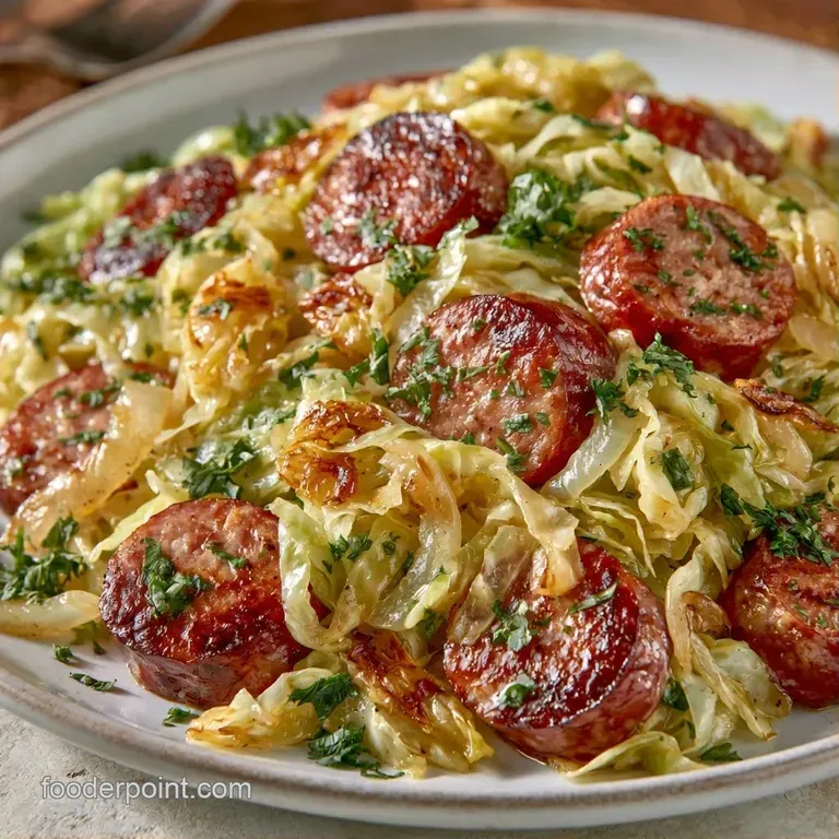 A white porcelain plate featuring seared sausage rounds and glistening cabbage topped with a sprig of fresh parsley.
