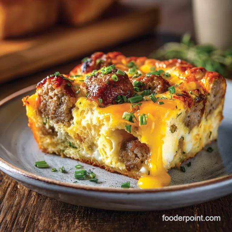 Slice of breakfast casserole showing layers of fluffy egg, savory sausage, and melted cheese. Garnish of fresh herbs adds ...