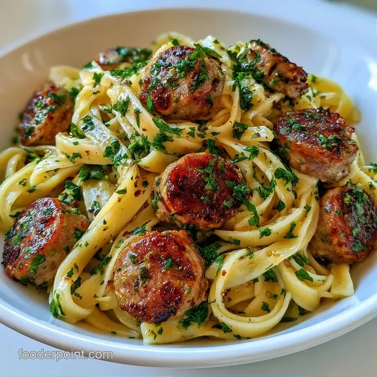 Twirled ribbons of creamy white pasta topped with seared sausage and fresh parsley on a matte black dinner plate.