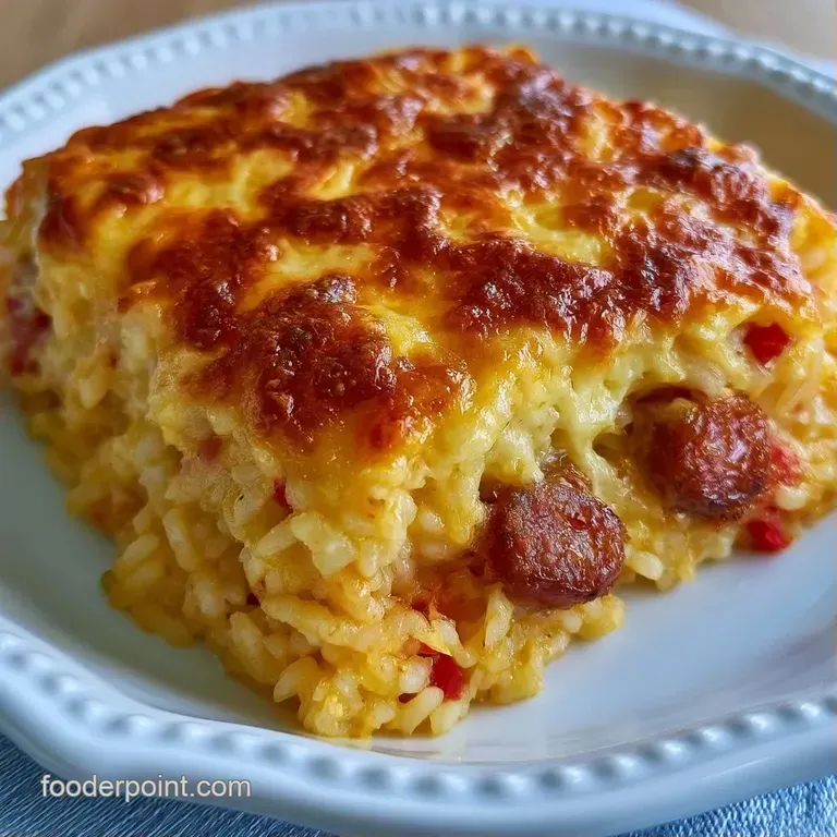 A neat portion of fluffy rice and savory sausage crumbles plated on white stoneware with a garnish of fresh herbs.