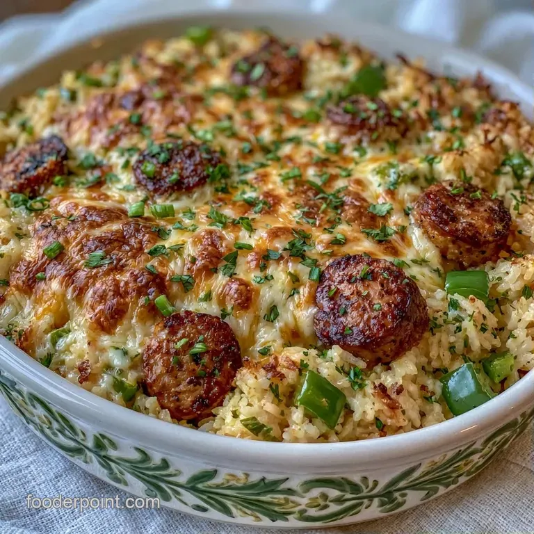 A heap of savory rice and sliced sausage garnished with fresh parsley on a matte ceramic plate with a linen napkin.