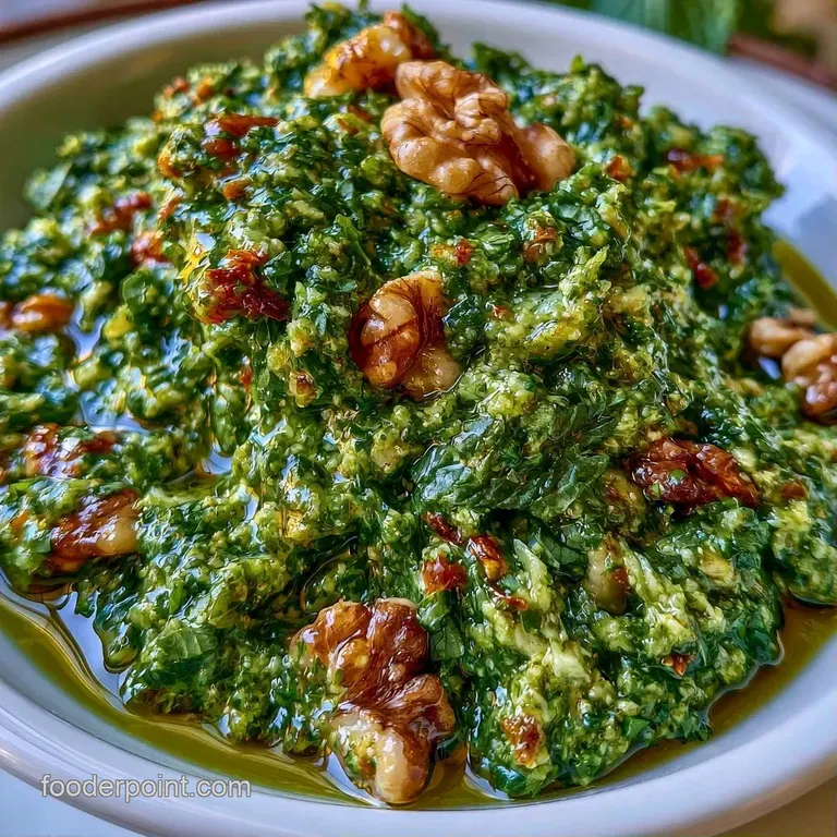 A swirl of bright green herb sauce on a white plate garnished with a sprig of fresh mint and cracked black pepper.