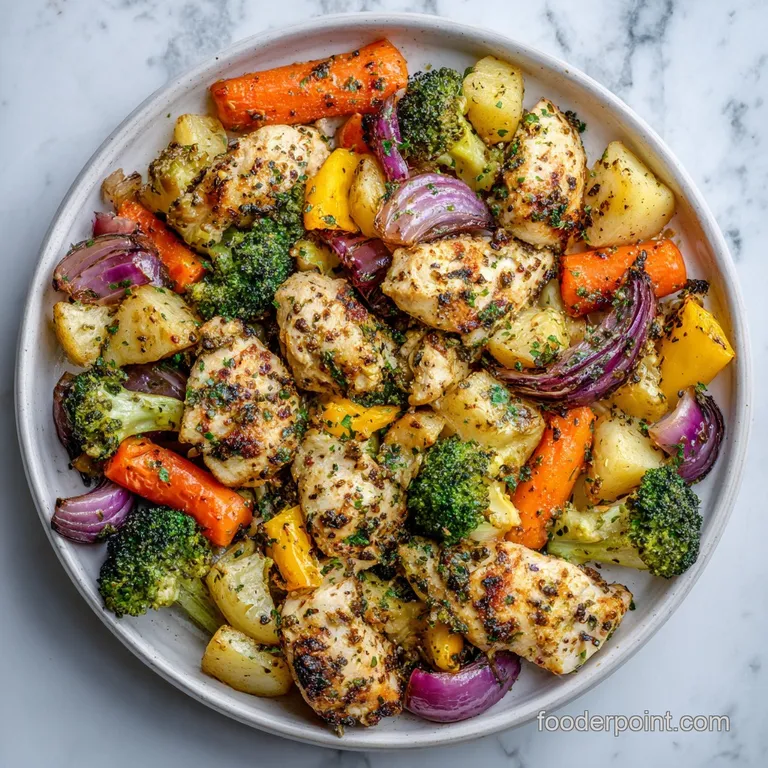 Plated chicken and veggies, glistening with herbs and oil, next to crispy-edged potatoes. A fork rests on the plate.