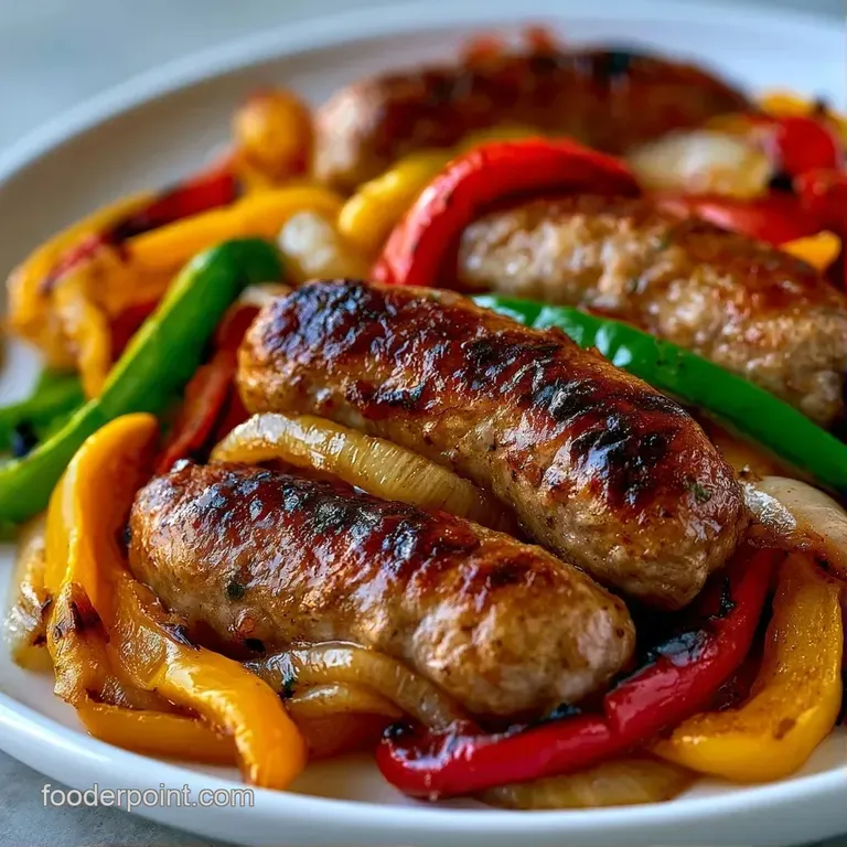 Browned links nestled among vibrant, saut&eacute;ed multicolored peppers on a white ceramic platter with fresh parsley.