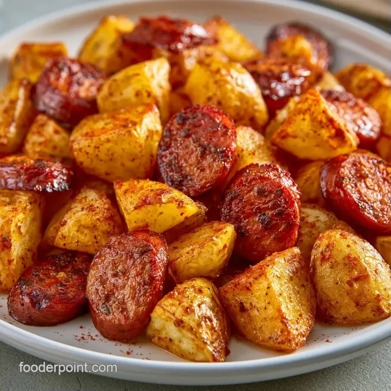 Neatly arranged sliced browned sausages and cubed potatoes on a white ceramic plate with a sprig of fresh rosemary.