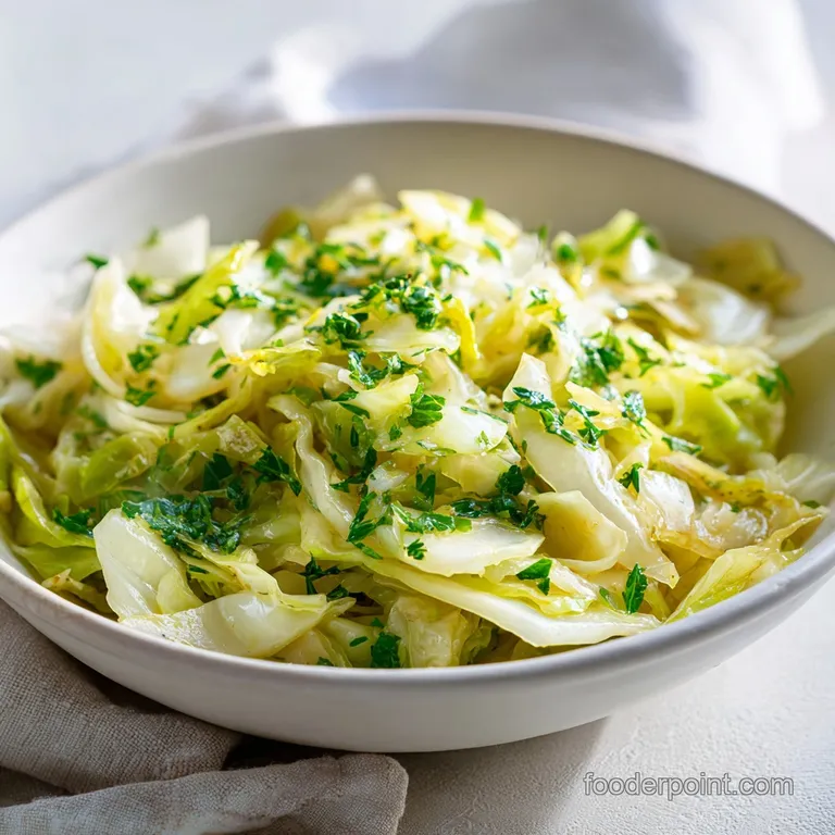 Delicate pile of tender saut&eacute;ed cabbage nestled beside a fork, showcasing its soft texture and buttery sheen.
