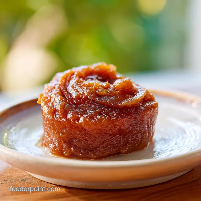 A dollop of glistening mahogany apple butter in a small, elegant ramekin with a spoon.