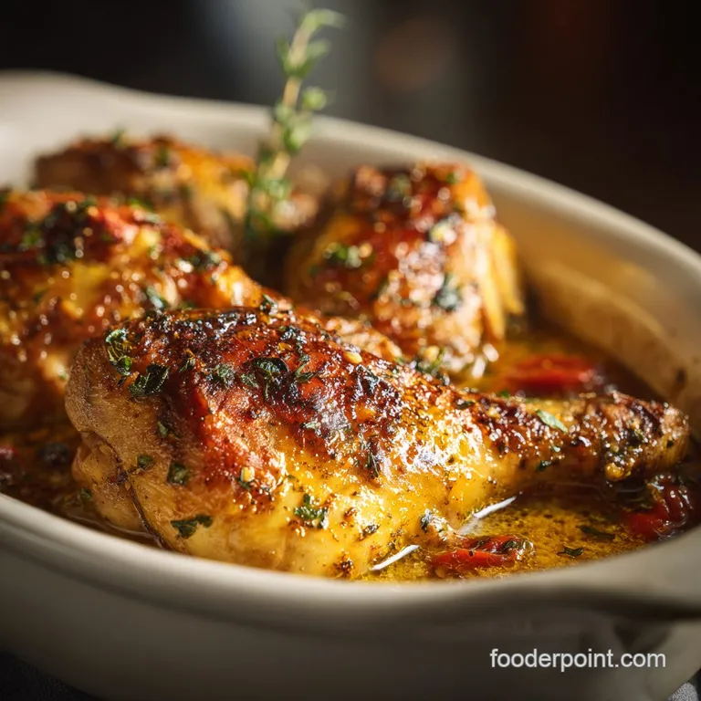 Plated chicken thigh glistening with pan sauce, alongside fluffy potatoes sprinkled with fresh herbs. Comfort food elevated.