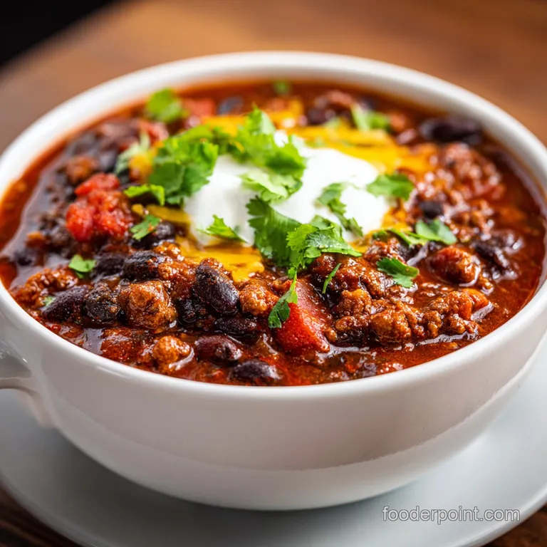 Close-up of chili in a white bowl: steam rises, showcasing the rich blend of textures and colorful toppings. Garnished wit...