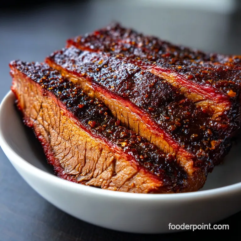 Juicy, hand-sliced brisket artfully arranged on a rustic wooden board with dill pickles.