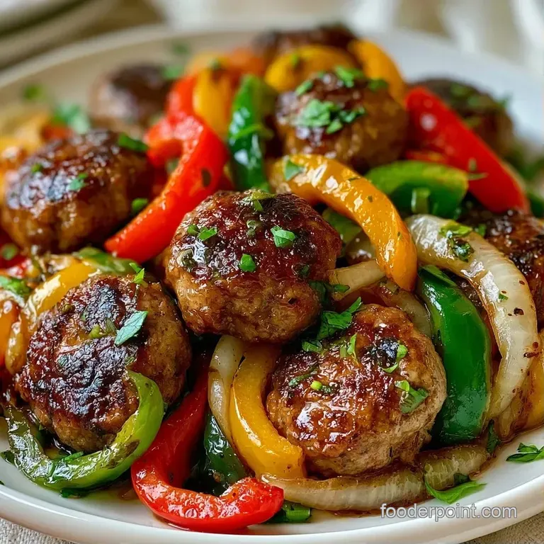 Colorful saut&eacute;ed bell peppers and browned sausage coins plated on a white dish with a sprinkle of fresh parsley.