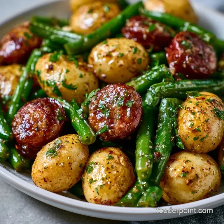 A rustic cast iron skillet filled with seared sausage slices, golden potato cubes, and vibrant green beans.