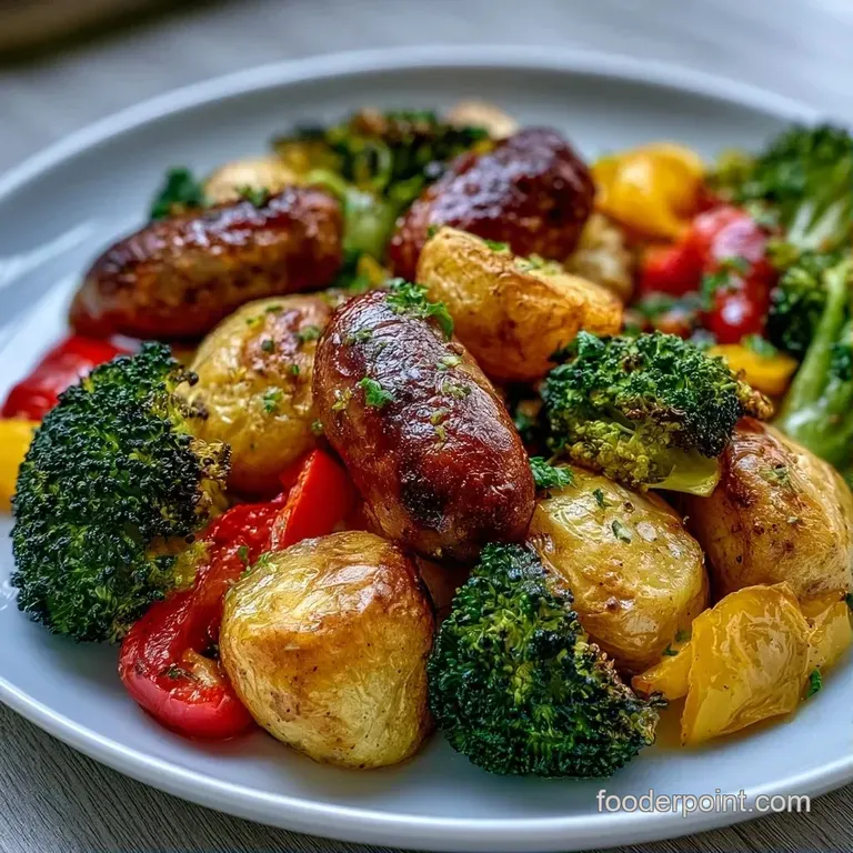 A white ceramic plate with neatly arranged sliced sausage and vibrant roasted vegetables with a sprinkle of parsley.