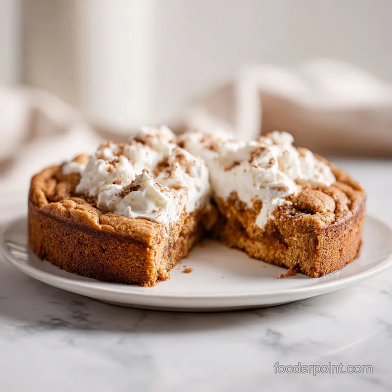 A generous slice of warm, soft cookie cake sits on a white plate, drizzled with caramel sauce.