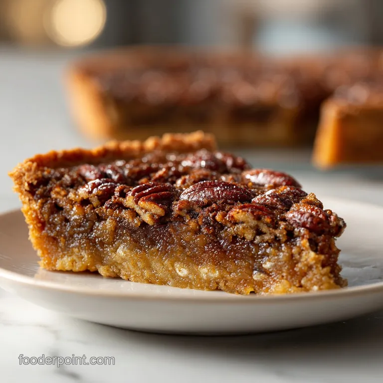 A single pecan pie bar with a rich, gooey center, drizzled with caramel on a white plate.