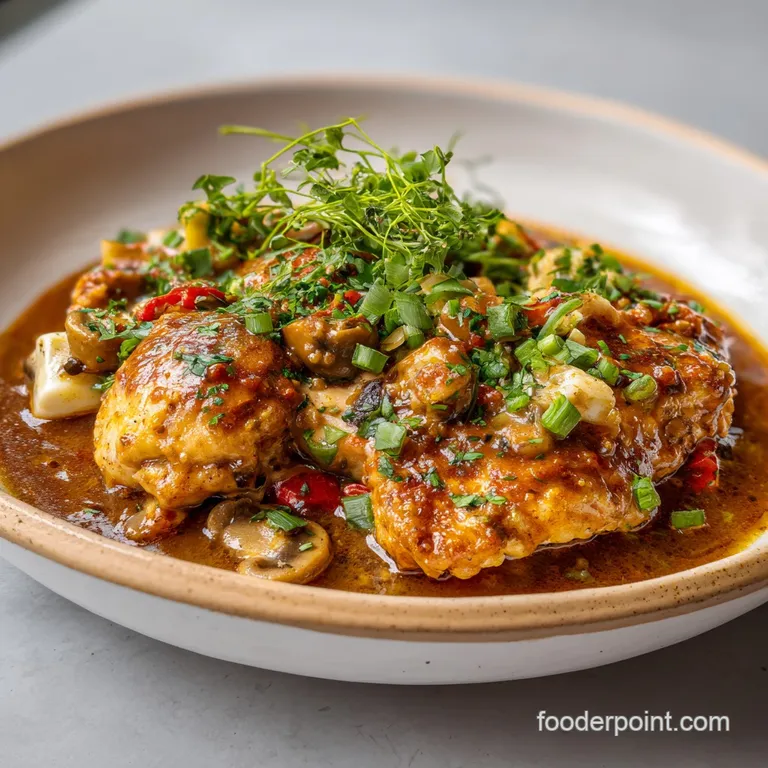 A perfectly portioned chicken breast, generously coated in silky, pale gravy, atop fluffy mashed potatoes.