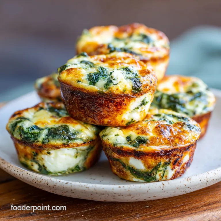 A single spinach and feta egg muffin cup, cut open revealing a moist interior. Garnished with fresh herbs and a sprinkle o...