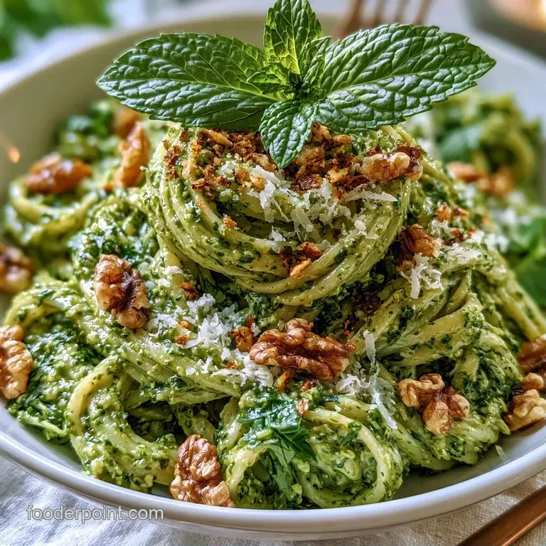 A swirl of bright green pasta in a white ceramic bowl, garnished with a fresh mint sprig and zest of lemon.