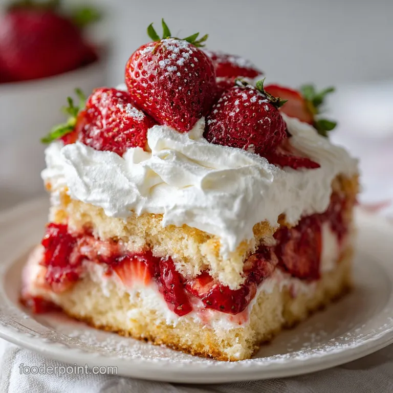 A slice of moist strawberry shortcake with fluffy biscuit chunks, topped with whipped cream and fresh berries.
