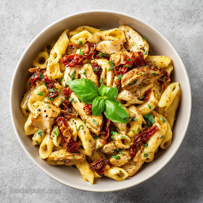 A generous swirl of pasta topped with golden-brown chicken and bright red sun-dried tomatoes, garnished with greens.