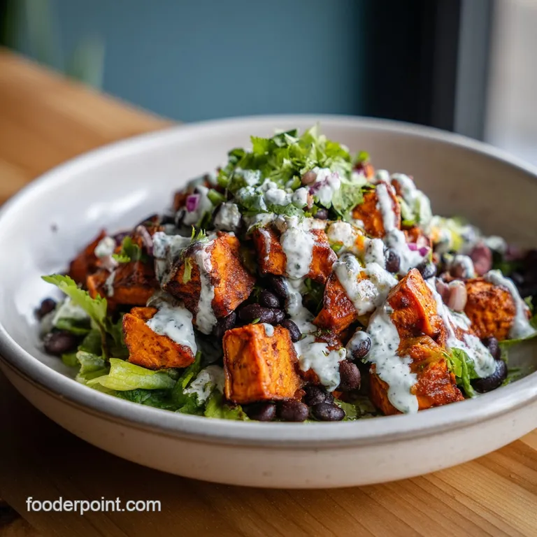 Bright sweet potato salad served in a white bowl: charred edges, balanced textures, topped with fresh green herbs.