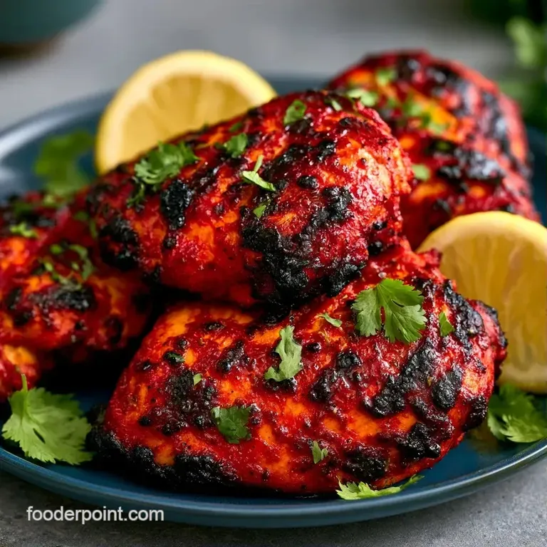 Plated charred orange chicken breast accented with bright green cilantro and a drizzle of creamy white yogurt sauce.