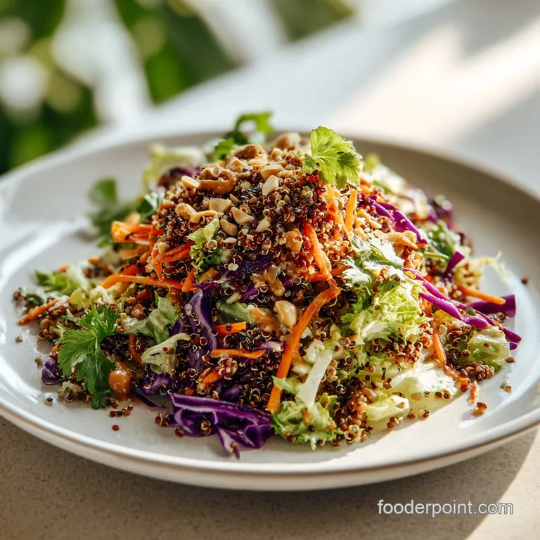 A refreshing bowl of quinoa salad, artfully arranged with colorful julienned vegetables and a light dressing.