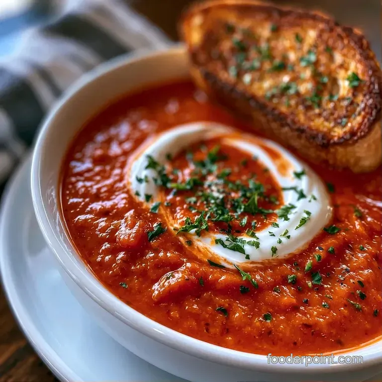Rich red soup in a sleek ceramic bowl on a white marble table, paired with a slice of golden, toasted garlic bread.