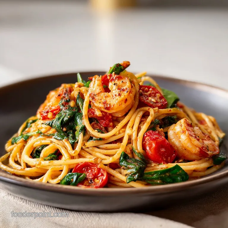 Elegant plate of pasta featuring plump shrimp, vibrant green spinach, and a rich, glossy tomato sauce draped over perfectl...