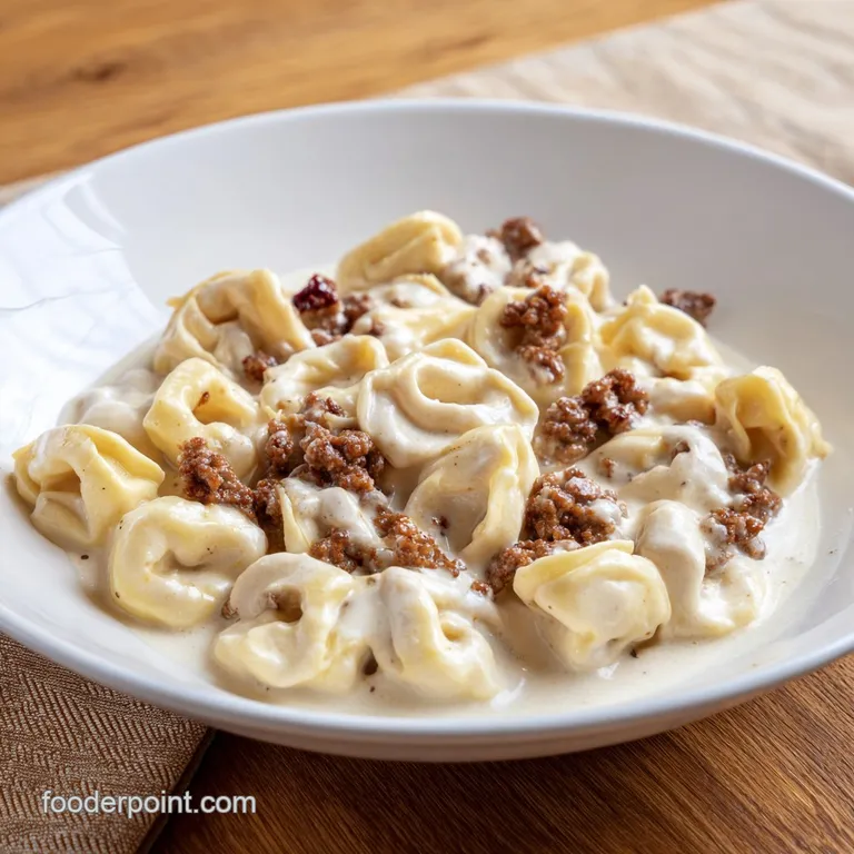 Creamy pasta and seared meat elegantly plated in a white ceramic bowl with a sprinkle of herbs and grated cheese.