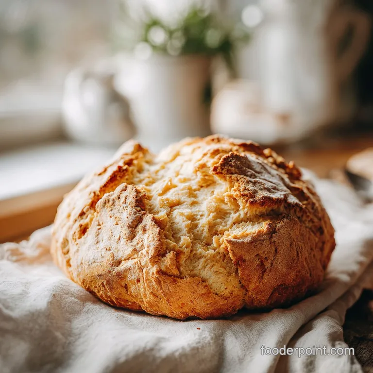 A warm slice of soda bread with a slightly crisp crust, glistening with butter on a wooden board.