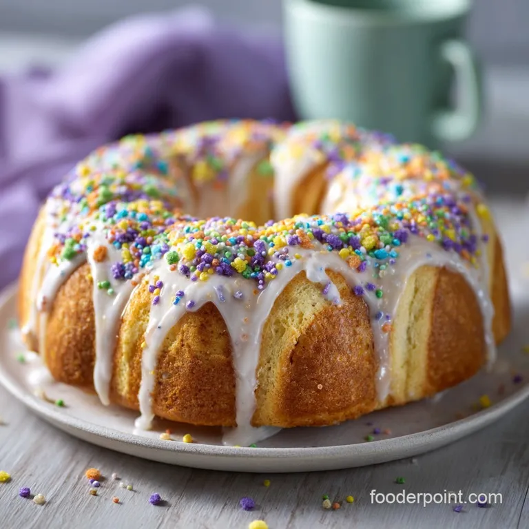 A generous slice of king cake, revealing a swirl of creamy white filling and festive colored dough.