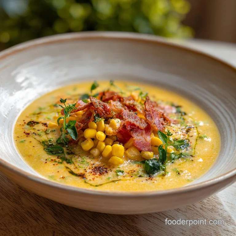 Elegant bowl of corn chowder with visible steam, garnished with fresh herbs and a drizzle of oil. Rustic, comforting vibe.