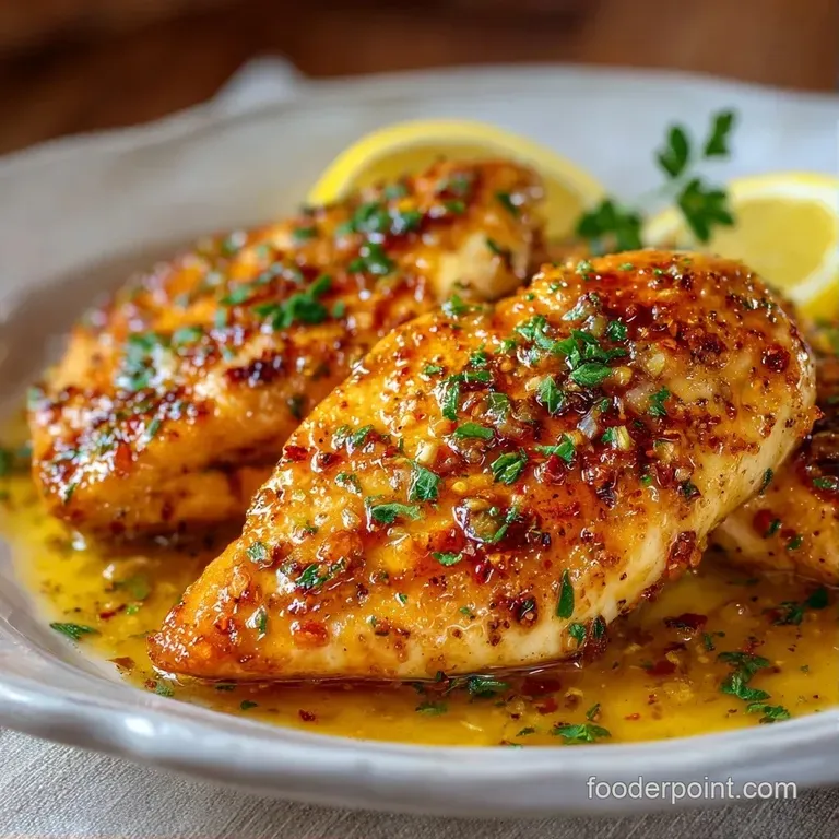 Neatly sliced juicy chicken breast on a white ceramic plate with a glossy lemon butter glaze and fresh parsley.